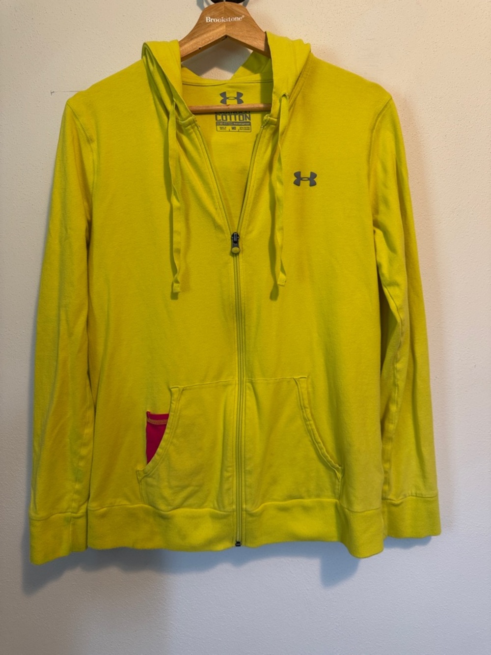 Under Armour Women's Neon Yellow Full-Zip Hooded Jacket with Pink Pocket Accent
